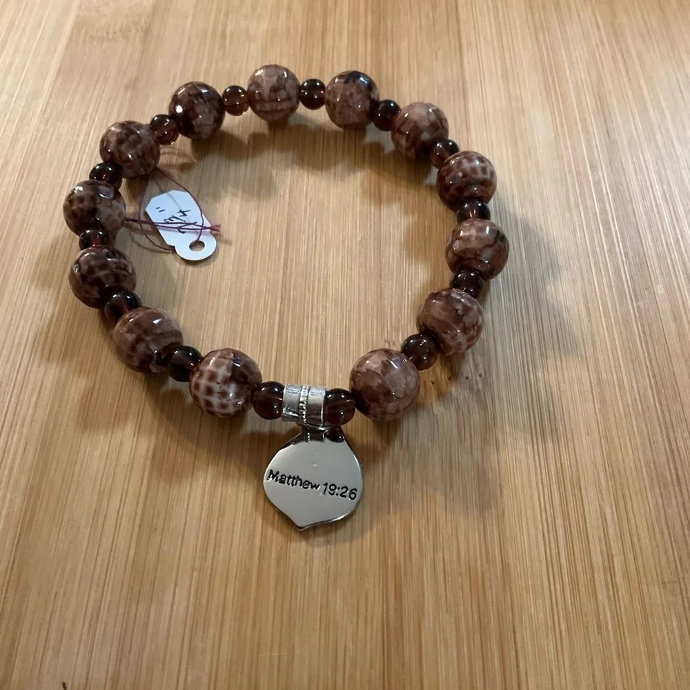 Hand Crafted Charm Bracelet Brown Stretch Beaded Scripture Unisex Matt. 19:26